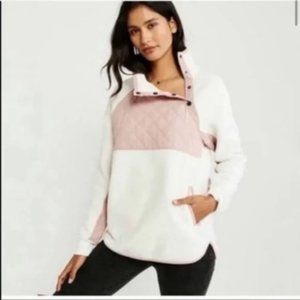 Abercrombie & Fitch Pink & White Asymmetrical Snap-Up Fleece Pullover Small